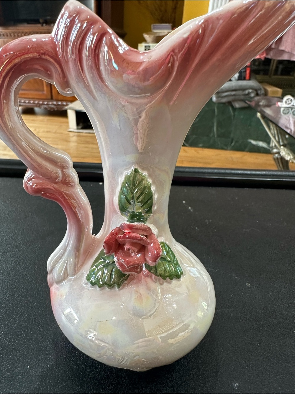Pink and White lusterware Ceramic vase with Rose Applique